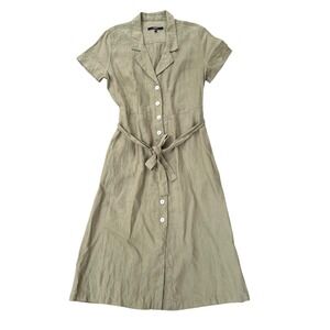 Quince 100% Linen Button Down Midi Dress Short Sleeve Collared Belted Beige M‎